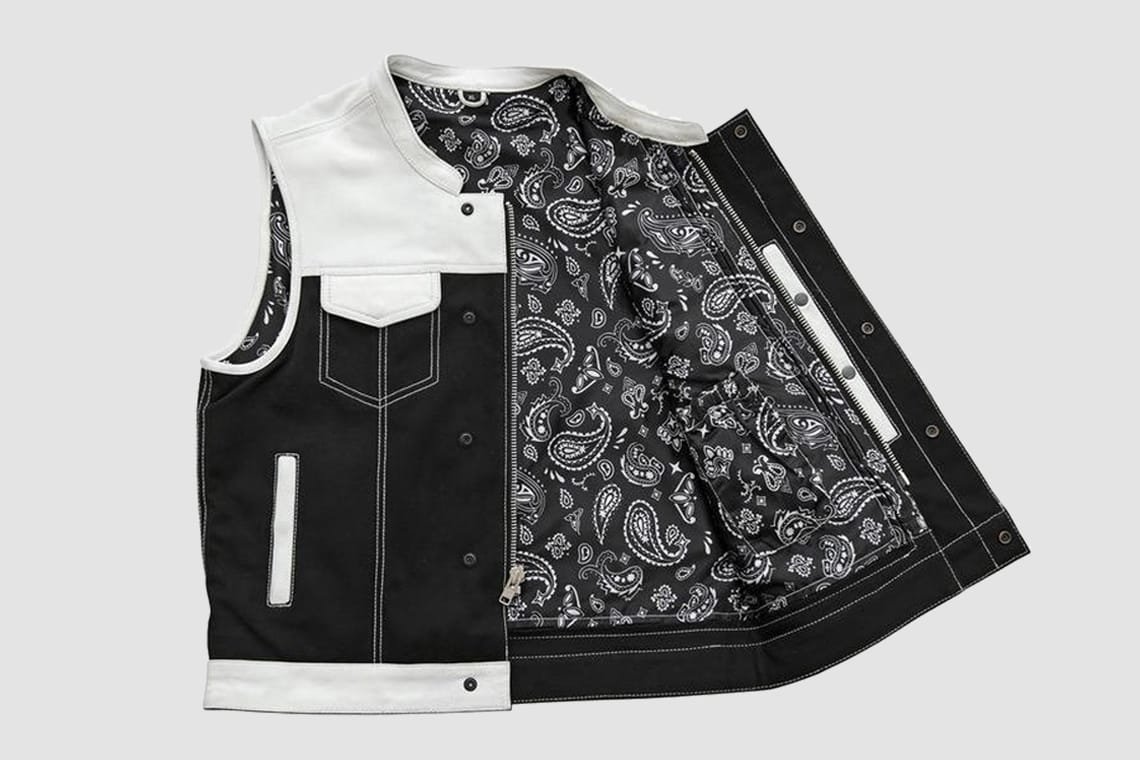 Men's Black & White Leather Motorcycle Vest with Paisley Lining - Image 2