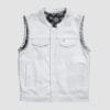 Men's White Leather Motorcycle Vest with Braided Armholes front and back views