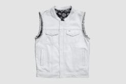 Men's White Leather Motorcycle Vest with Braided Armholes front and back views