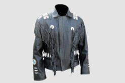 Men's Western Black Leather Fringe Jacket with beaded shoulder panels, silver conchos, and hairpipe accents
