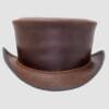 Brown leather top hat with classic unbanded design and curved brim