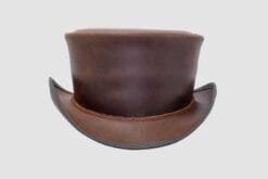 Brown leather top hat with classic unbanded design and curved brim