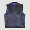 Men's black leather and dark denim motorcycle vest with quilted leather shoulders and blue satin lining