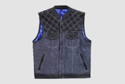 Men's black leather and dark denim motorcycle vest with quilted leather shoulders and blue satin lining