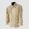 Men's sandstone beige cowhide suede fringe jacket with whipstitch trim, lace-cut chest panels, and concho-style medallions