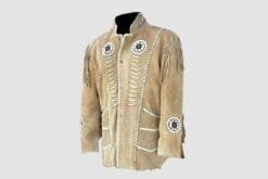 Men's sandstone beige cowhide suede fringe jacket with whipstitch trim, lace-cut chest panels, and concho-style medallions