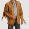 Men's golden tan genuine leather fringe jacket with lace-cut chest detailing, embroidered concho medallions, and braided front trim