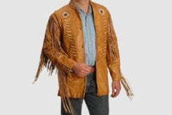 Men's golden tan genuine leather fringe jacket with lace-cut chest detailing, embroidered concho medallions, and braided front trim