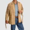 Men’s beige fringe leather long jacket with bone accents and beaded medallions