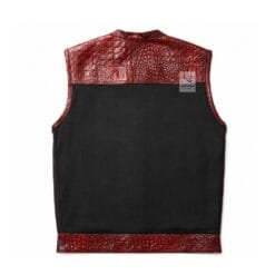 Men's crimson croc leather and black denim motorcycle vest front view