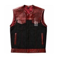 Men's Croc Leather Motorcycle Vest in black denim with embossed crimson leather panels