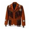 Men's Frontier Heritage Leather Fringe Jacket in cognac genuine leather with beaded shoulder panels and braided trim