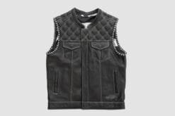 Men's Diamond Quilted Leather Motorcycle Vest in black genuine leather with concealed front closure