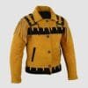 Men's golden tan cowhide suede Western jacket with black geometric trim, shoulder fringe and button-front closure