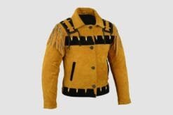 Men's golden tan cowhide suede Western jacket with black geometric trim, shoulder fringe and button-front closure