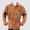 Women's tan suede western fringe shirt jacket with chest, sleeve, and back fringe
