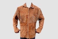 Women's tan suede western fringe shirt jacket with chest, sleeve, and back fringe