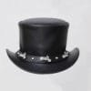 Black leather top hat with motorcycle-inspired band and biker outlaw styling