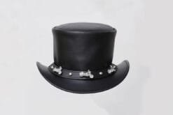 Black leather top hat with motorcycle-inspired band and biker outlaw styling