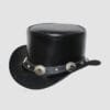 Black leather top hat with silver concho band and metal stud accents