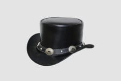Black leather top hat with silver concho band and metal stud accents