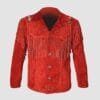 Men's crimson frontier fringe suede leather jacket with beaded shoulder accents front and back view