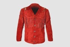 Men's crimson frontier fringe suede leather jacket with beaded shoulder accents front and back view
