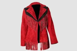 Women Western Cowgirl Red Black Suede Jacket With Fringes | WSJ115C