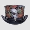Leather top hat with skull and rose artwork and decorative skull accents on the band