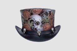Leather top hat with skull and rose artwork and decorative skull accents on the band