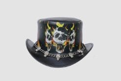 Black leather top hat with flaming skull artwork and skull chain band detail