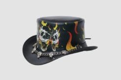 Alternative view of Hell Fire Skull Leather Top Hat – Gothic Biker Style