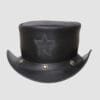 Black leather top hat with embossed star design and star concho hatband