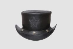 Black leather top hat with embossed star design and star concho hatband