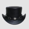 Black leather top hat with concho and chain hatband in Western outlaw style