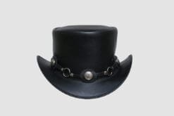 Black leather top hat with concho and chain hatband in Western outlaw style