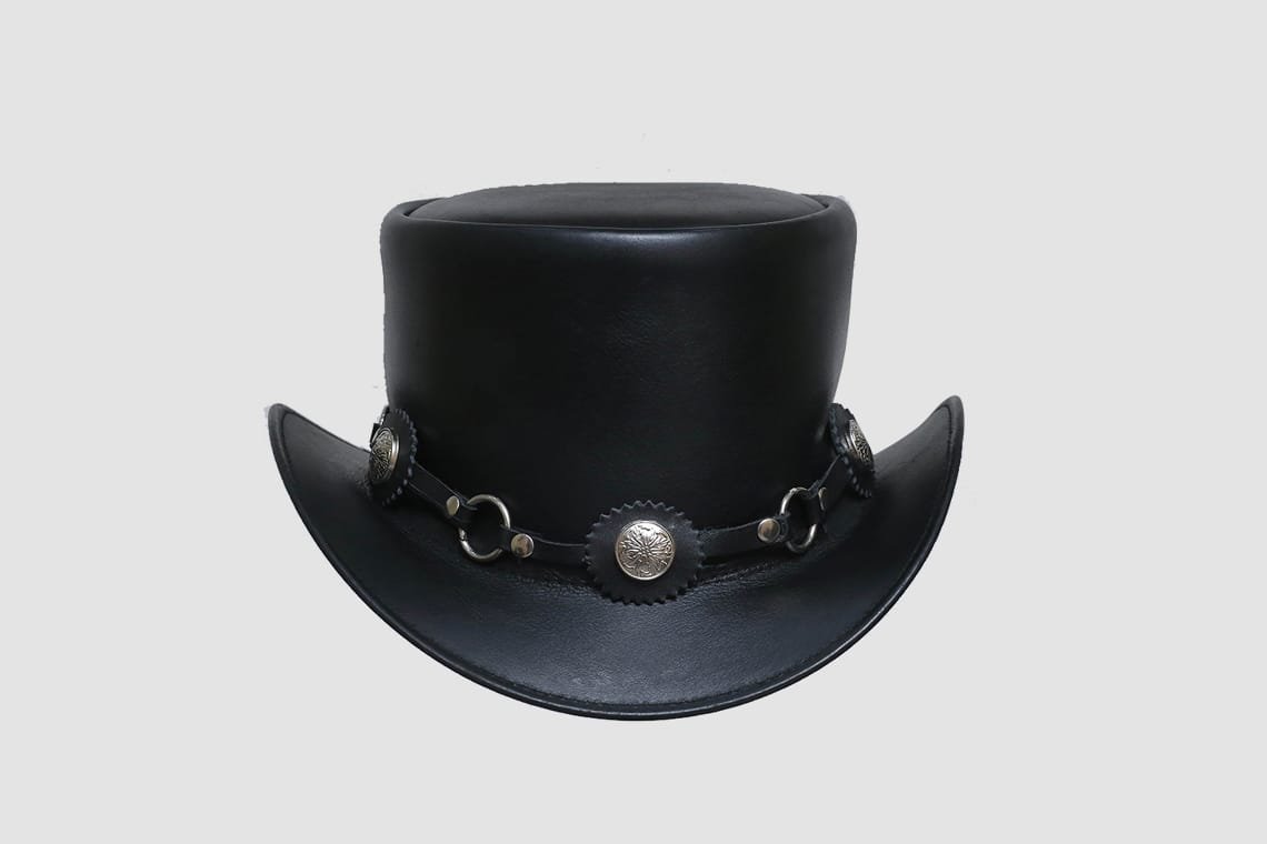 Black leather top hat with concho and chain hatband in Western outlaw style