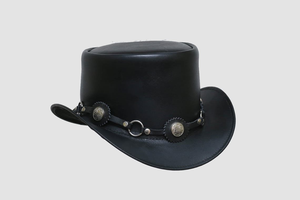 Concho Chain Black Leather Top Hat – Western Outlaw Style - Image 2
