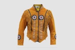 Men's sunrise trail fringe suede leather jacket with bone-style chest accents and stand-up collar