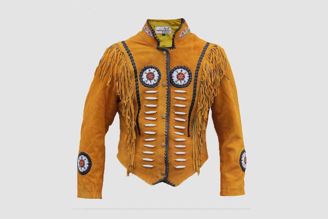 Men's sunrise trail fringe suede leather jacket with bone-style chest accents and stand-up collar