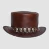 Brown leather top hat with five skull accents on the hatband