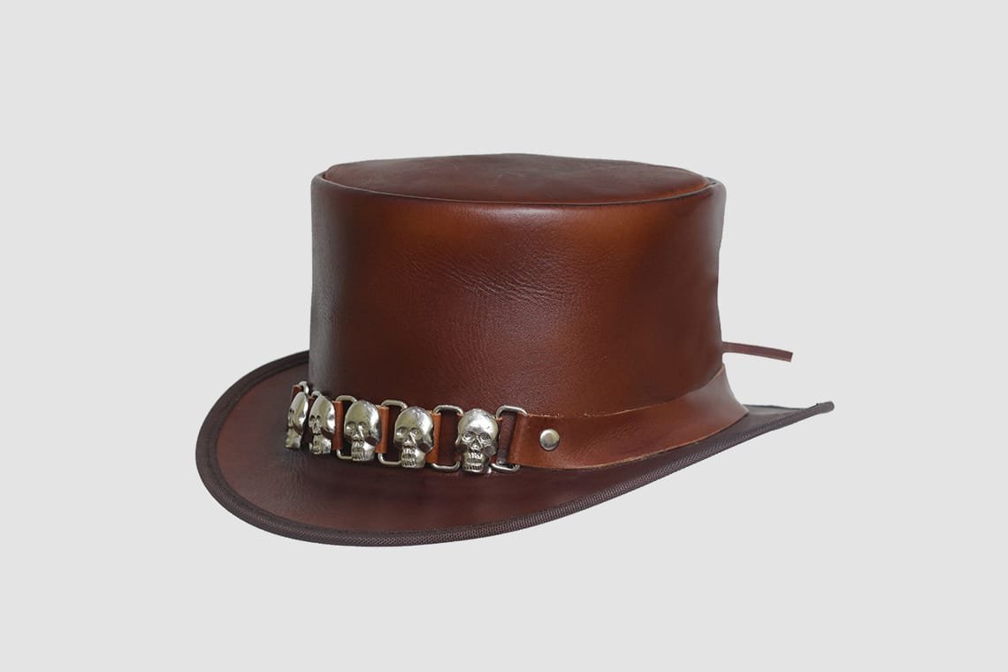 El Dorado Brown Leather Top Hat Five Skulls Band, TH114B