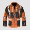 Men's rust brown suede eagle beaded jacket with black fringes and decorative bone accents