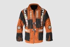 Men's rust brown suede eagle beaded jacket with black fringes and decorative bone accents