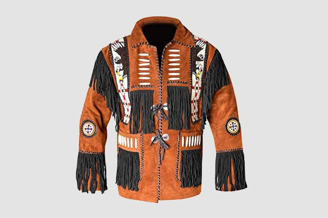 Men's rust brown suede eagle beaded jacket with black fringes and decorative bone accents