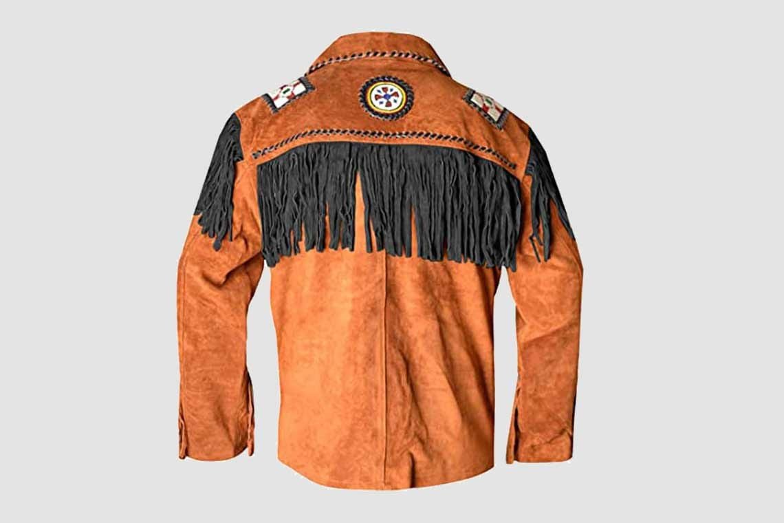 Men's Western Style Rust Brown Suede Eagle Beaded Jacket with Black Fringes - Image 2