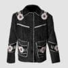 Men's midnight mesa fringe suede leather jacket with whipstitch trim and rosette appliqués