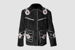 Men's midnight mesa fringe suede leather jacket with whipstitch trim and rosette appliqués