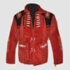 Men's crimson warrior fringe suede leather jacket with bone accents and black shoulder yoke front and back