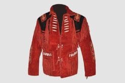 Men's crimson warrior fringe suede leather jacket with bone accents and black shoulder yoke front and back